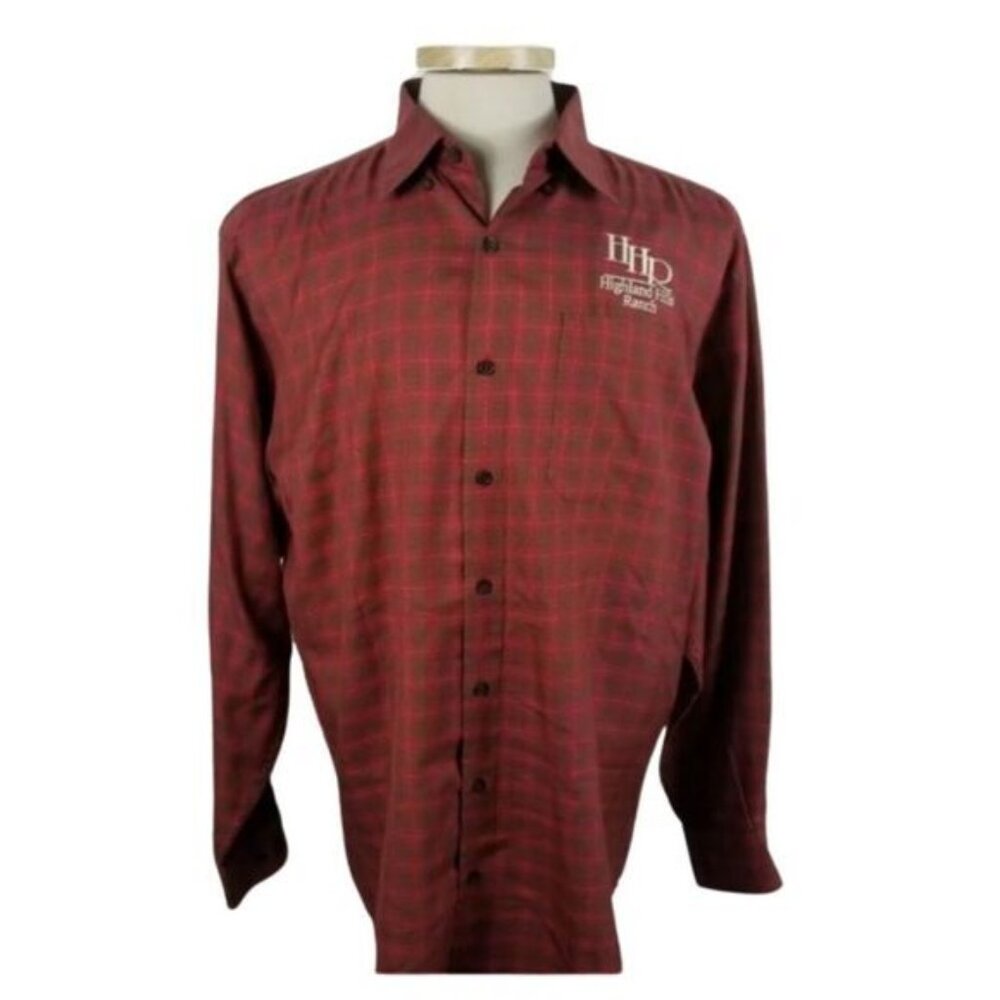 Orvis Large Red Plaid Silk Wool Highland Hills Ranch Long Sleeve Shirt